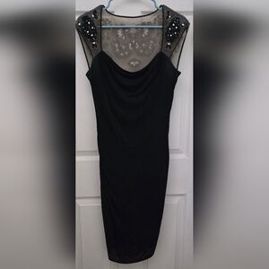 David Meister Black Embellished Sheath Dress Cowl Neck Sleeveless